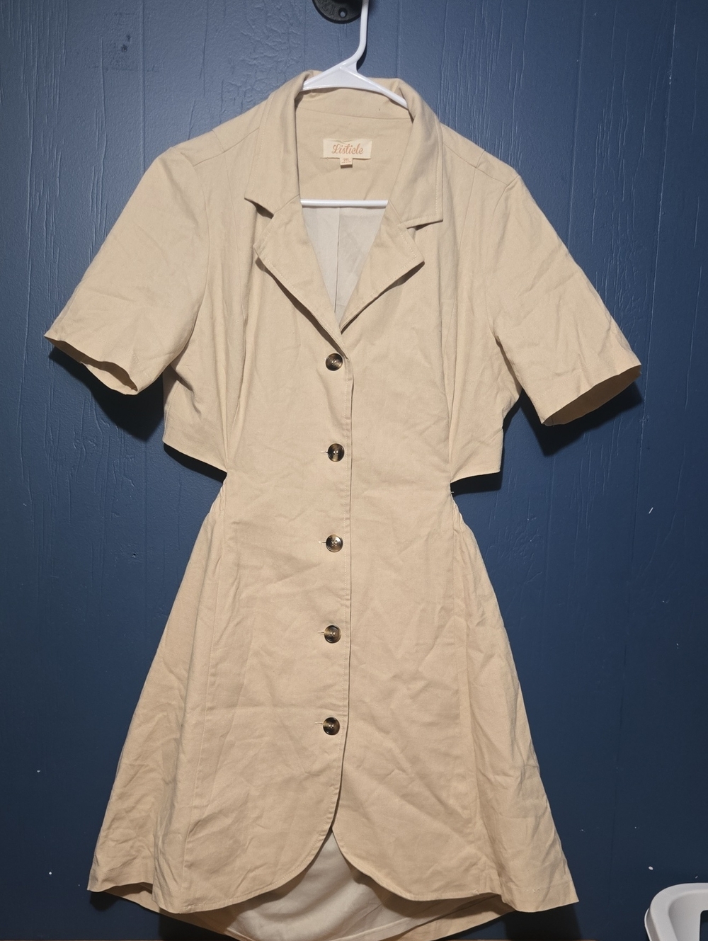 Listicle Neutral Beige Button Up Collared Dress With Open Back